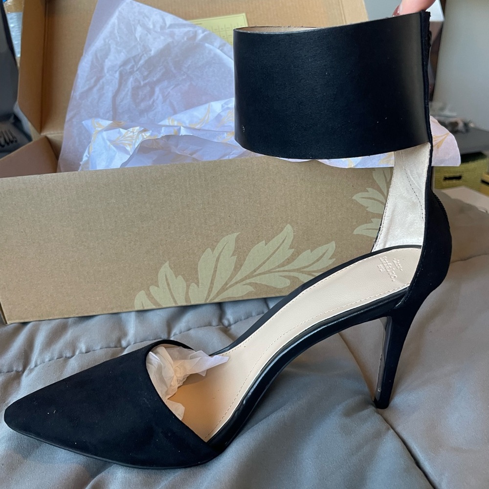 Black Ankle Strap Heels Leather and Velvet NWT
